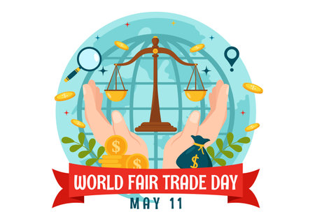 World Fair Trade Day Vector Illustration on 11 May with Gold Coins, Scales and Hammer for Climate Justice and Planet Economic in Flat Backgroundのイラスト素材