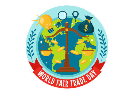 World Fair Trade Day Vector Illustration on 11 May with Gold Coins, Scales and Hammer for Climate Justice and Planet Economic in Flat Backgroundのイラスト素材