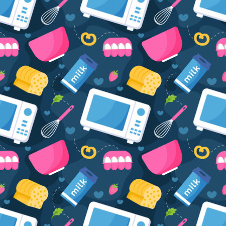 Cooking Equipment Seamless Pattern Design Illustration in Flat Cartoon Template Hand Drawnのイラスト素材