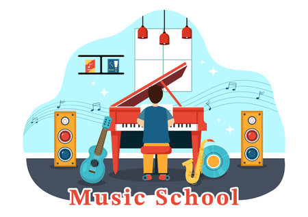Music School Vector Illustration with Playing Various Musical Instruments, Learning Education Musicians and Singers in Flat Kids Cartoon Backgroundのイラスト素材