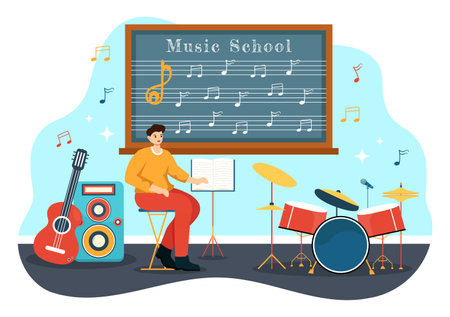 Music School Vector Illustration with Playing Various Musical Instruments, Learning Education Musicians and Singers in Flat Kids Cartoon Backgroundのイラスト素材