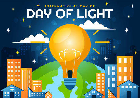 International Day of Light Vector Illustration on May 16 to the Importance Use of Lamp and Savings in Human Life in Flat Cartoon Backgroundのイラスト素材