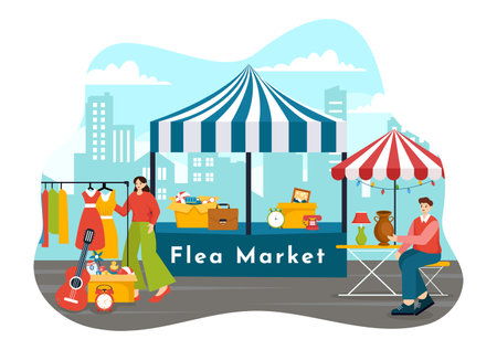 Flea Market Vector Illustration with Second Hand Shop with Shoppers, Swap Meet, Sellers and Customers at Weekend in Business Flat Backgroundのイラスト素材