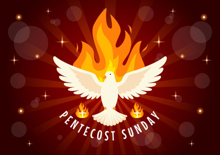 Pentecost Sunday Vector Illustration with Flame and Holy Spirit Dove in Catholics or Christians Religious Culture Holiday Flat Cartoon Backgroundのイラスト素材