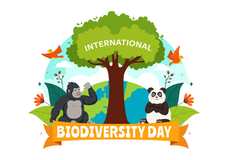 World Biodiversity Day Vector Illustration with Biological Diversity, Earth and the Various Animal in Nature Flat Cartoon Backgroundのイラスト素材