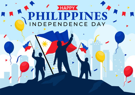 Philippines Independence Day Vector Illustration on 12 June with Waving Flag and Ribbon in National Holiday Celebration Flat Cartoon Backgroundのイラスト素材
