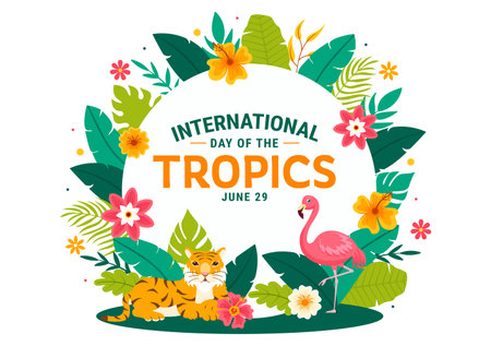 International Day of the Tropics Vector Illustration on 29 June with Animal, Grass and Flower Plants to Preserve Tropic in Nature Flat Backgroundのイラスト素材