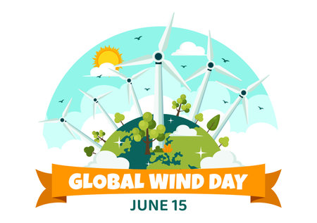 Global Wind Day Vector Illustration on June 15 with Earth Globe and Winds Turbines for Power and Energy Systems on Blue Sky in Flat Cartoon Backgroundのイラスト素材
