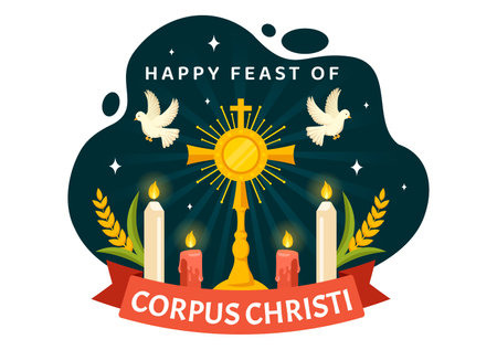 Corpus Christi Catholic Religious Vector Illustration with Feast Day, Cross, Bread and Grapes in Holiday Celebration Flat Cartoon Backgroundのイラスト素材