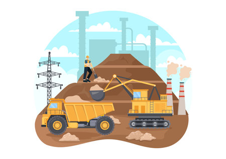 Mining Company Vector Illustration with Heavy Yellow Dumper Trucks for Sand Mine Industrial Process or Transportation in Flat Cartoon Backgroundのイラスト素材