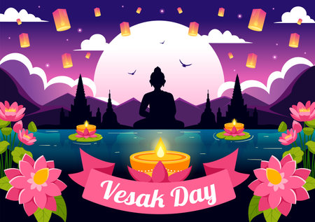 Vesak Day Celebration Vector Illustration with Temple Silhouette, Lotus Flower, Lantern or Buddha Person in Holiday Flat Cartoon Backgroundのイラスト素材