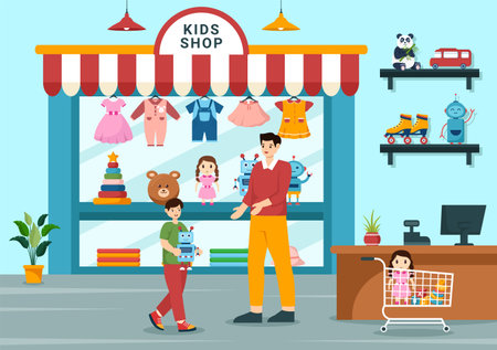 Kids Shop Vector Illustration with Boys and Girls Children Equipment such as Clothes or Toys for Shopping Concept in Flat Cartoon Backgroundのイラスト素材