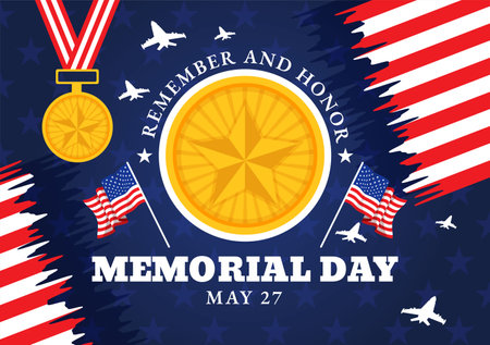 Memorial Day of Remember and Honor Vector Illustration with American Flag and Ribbon to Meritorious Soldier in Flat Cartoon Backgroundのイラスト素材