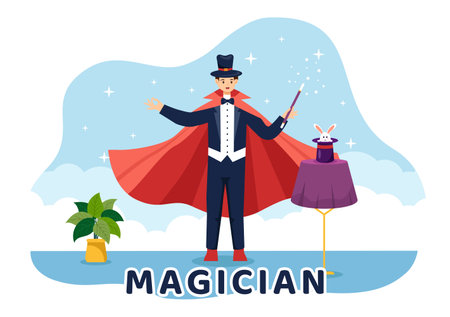Magician Vector Illustration with Illusionist Conjuring Tricks and Waving a Magic Wand above his Mysterious Hat on a Stage in Flat Cartoon Backgroundのイラスト素材