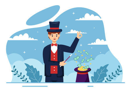 Magician Vector Illustration with Illusionist Conjuring Tricks and Waving a Magic Wand above his Mysterious Hat on a Stage in Flat Cartoon Backgroundのイラスト素材