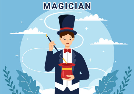 Magician Vector Illustration with Illusionist Conjuring Tricks and Waving a Magic Wand above his Mysterious Hat on a Stage in Flat Cartoon Backgroundのイラスト素材
