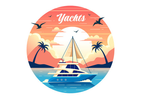 Yachts Vector Illustration with Ferries Cargo Boats and Ship Sailboat of Water Transport at the Beach in Sunset Flat Cartoon Backgroundのイラスト素材