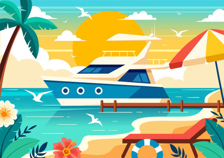 Yachts Vector Illustration with Ferries Cargo Boats and Ship Sailboat of Water Transport at the Beach in Sunset Flat Cartoon Backgroundのイラスト素材