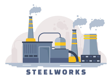 Steelworks Vector Illustration with Resource Mining, Smelting of Metal in Big Foundry and Hot Steel Pouring in Flat Cartoon Background Designのイラスト素材