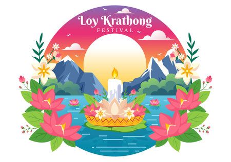 Loy Krathong Vector Illustration of Festival Celebration in Thailand with Lanterns and Krathongs Floating on Water Design in Flat Cartoon Backgroundのイラスト素材