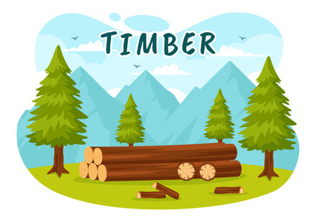 Timber Vector Illustration with Man Chopping Wood and Tree with Lumberjack Work Equipment Machinery or Chainsaw at Forest in Flat Cartoon Backgroundのイラスト素材