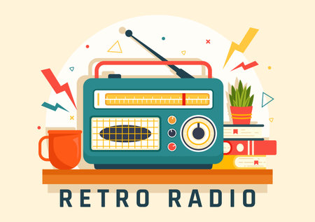 Retro Radio Vector Illustration with Player Style for Record, Old Receiver, Interviews Celebrity and Listening to Music in Flat Cartoon Backgroundのイラスト素材