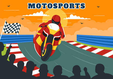 Racing Motosport Speed Bike Vector Illustration for Competition or Championship Race by Wearing Sportswear and Equipment in Flat Cartoon Backgroundのイラスト素材