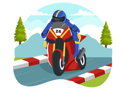 Racing Motosport Speed Bike Vector Illustration for Competition or Championship Race by Wearing Sportswear and Equipment in Flat Cartoon Backgroundのイラスト素材