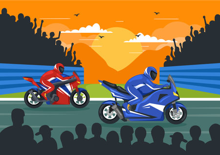Racing Motosport Speed Bike Vector Illustration for Competition or Championship Race by Wearing Sportswear and Equipment in Flat Cartoon Backgroundのイラスト素材