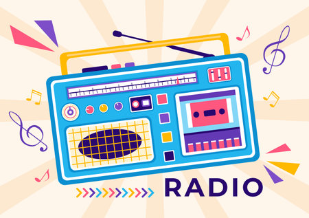 Radio Vector Illustration with a Musical Instrument used to Send Signals for Record, Old Receiver and Listening to Music in Flat Cartoon Backgroundのイラスト素材