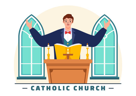 Cathedral Catholic Church Building Vector Illustration With Architecture, Medieval and Modern Churches Interior Design in Flat Cartoon Backgroundのイラスト素材