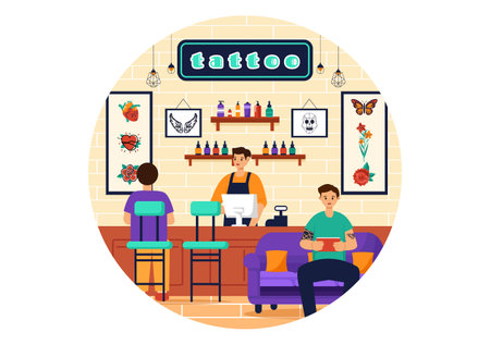 Tattoo Salon Vector Illustration of Tattooist from Designing, Drawing to Tattooing with Needle Machine and Ink Art in Flat Cartoon Background Designのイラスト素材