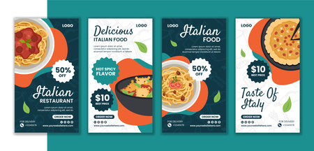 Italian Food Social Media Stories Flat Cartoon Hand Drawn Templates Background Illustrationのイラスト素材
