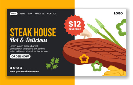 Steakhouse Social Media Landing Page Cartoon Hand Drawn Templates Background Illustrationのイラスト素材