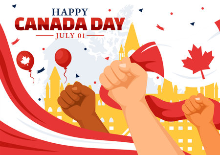Happy Canada Day Vector Illustration Celebration in 1st July with Maple and Ribbon in National Holiday Flat Cartoon Backgroundのイラスト素材
