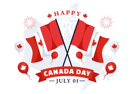Happy Canada Day Vector Illustration Celebration in 1st July with Maple and Ribbon in National Holiday Flat Cartoon Backgroundのイラスト素材