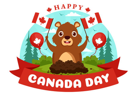 Happy Canada Day Vector Illustration Celebration in 1st July with Maple and Ribbon in National Holiday Flat Cartoon Backgroundのイラスト素材