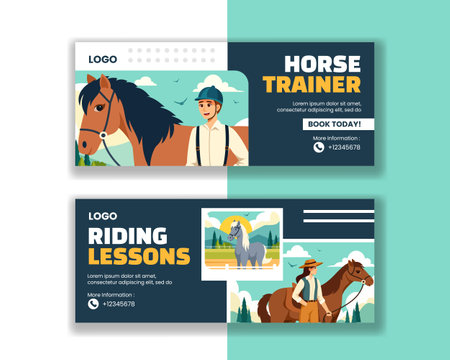Horse Trainer Horizontal Banner Flat Cartoon Hand Drawn Templates Background Illustrationのイラスト素材