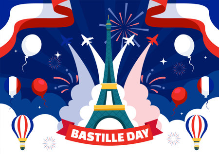 Happy Bastille Day Vector Illustration on 14 july with French Flag, Ribbon and Eiffel Tower in National Holiday Flat Cartoon Backgroundのイラスト素材