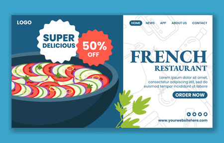 French Restaurant Social Media Landing Page Cartoon Hand Drawn Templates Background Illustrationのイラスト素材