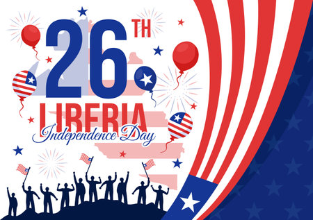 Happy Liberia Independence Day Vector Illustration on July 26 with Waving flag and Ribbon in National Holiday Flat Cartoon Background Designのイラスト素材