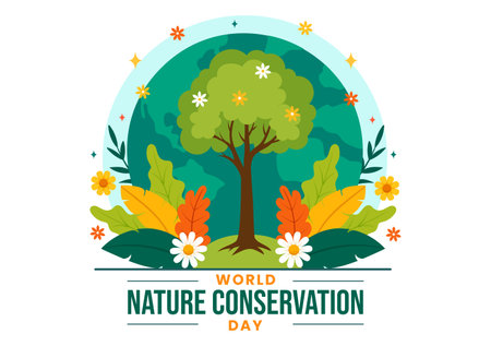 World Nature Conservation Day Vector Illustration with World Map, Tree and Eco Friendly Ecology for Preservation in Flat Cartoon Backgroundのイラスト素材