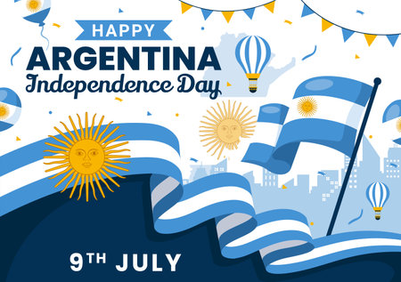Happy Argentina Independence Day Vector Illustration on 9Th of july with Waving Flag and Ribbon in Flat Cartoon Celebration Background Designのイラスト素材