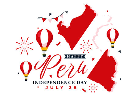 Happy Peru Independence Day Vector Illustration on july 28 with Waving Flag and Ribbon in National Holiday Flat Cartoon Background Designのイラスト素材
