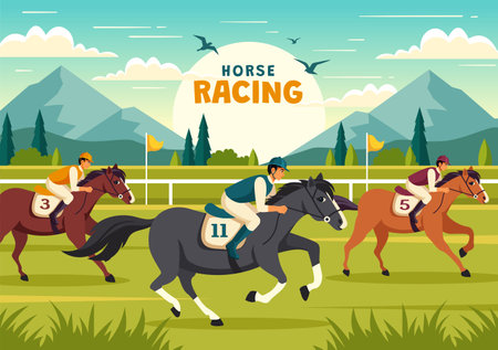Horse Racing Competition Vector Illustration with Equestrian Performance Sport and Rider or Jockeys in a Racecourse on Flat Cartoon Backgroundのイラスト素材