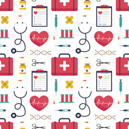 Doctors Day Seamless Pattern Design with Medical Equipment in Template Hand Drawn Cartoon Flat Illustrationのイラスト素材
