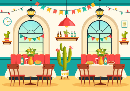 Mexican Food Restaurant Vector Illustration with Various of Delicious Traditional Cuisine Tacos, Nachos and Other on Flat Cartoon Backgroundのイラスト素材
