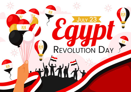 Happy Egypt Revolution Day Vector Illustration on July 23 with Waving Flag and Ribbon in National Holiday Flat Cartoon Background Designのイラスト素材
