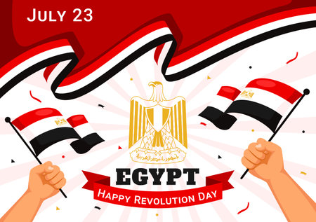 Happy Egypt Revolution Day Vector Illustration on July 23 with Waving Flag and Ribbon in National Holiday Flat Cartoon Background Designのイラスト素材