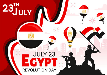 Happy Egypt Revolution Day Vector Illustration on July 23 with Waving Flag and Ribbon in National Holiday Flat Cartoon Background Designのイラスト素材